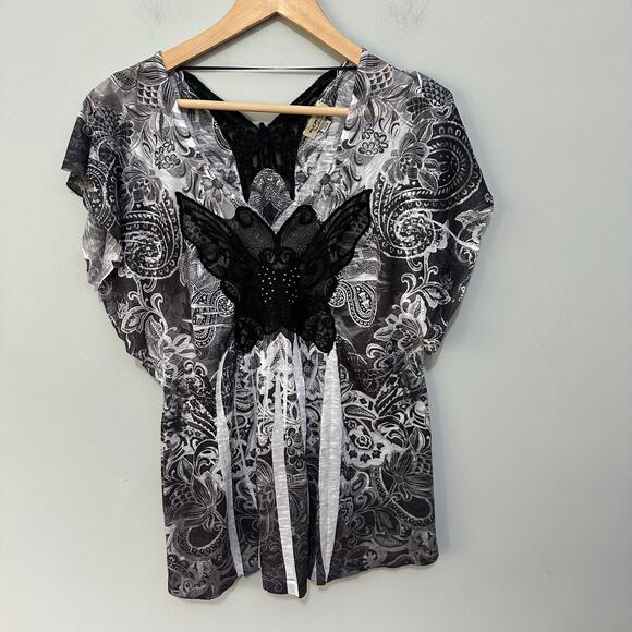 ONE WORLD Tops - One World Tunic Womens Large Black White Flutter Sleeve Y2K Fairy Whimsigoth